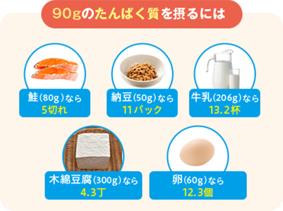 90gのたんぱく質を摂るには 鮭（80g）なら5切れ 納豆（50g）なら11パック 牛乳（206g）なら13.2杯 木綿豆腐（300g）なら4.3丁 卵（60g）なら12.3個