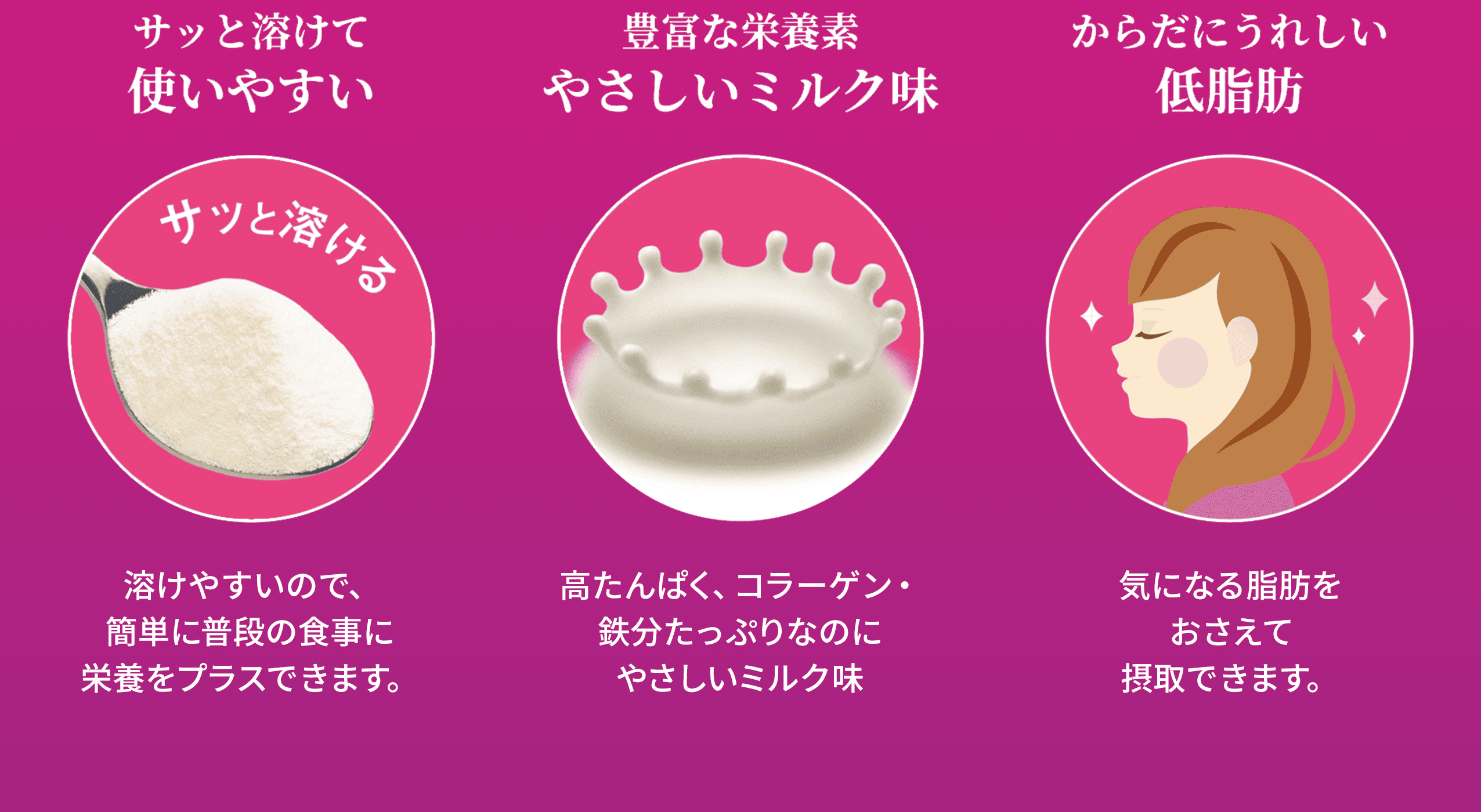 サッと溶けて使いやすい/豊富な栄養素やさしいミルク味/からだにうれしい低脂肪