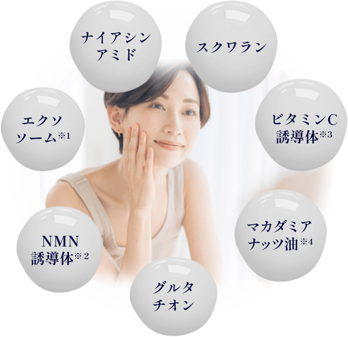 ナイアシンアミド・エクソソーム・NMN誘導体・グルタチオン・スクワラン・ビタミンC誘導体・マカダミアナッツ油