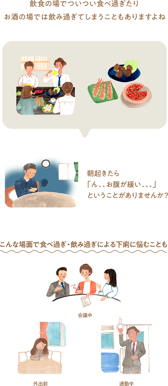 飲食の場でついつい長べきたりお酒の場では飲み過きてしまうこともありますよね
              朝起きたら「ん...お腹が緩い..ということがありませんか？
              こんな場面で食べ過ぎ・飲み過ぎによる下痢に悩むことも
              会議中、外出前、通勤中
