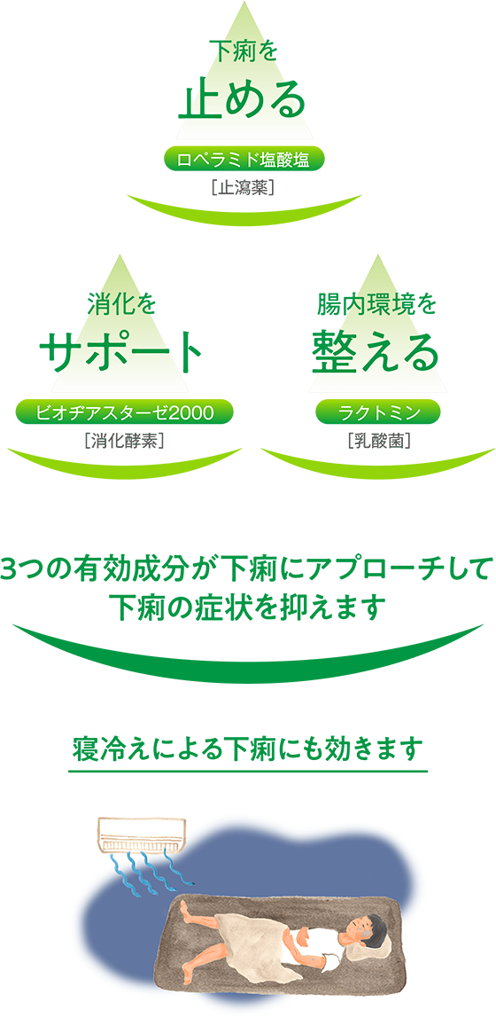 下痢を止める、消化をサポート、腸内環境を整える
              1回2錠 かむか、口中で溶かして服用
              3つの有効成分が下痢にアプローチして下痢の症状を抑えます。
              寝冷えによる下痢にも効きます。