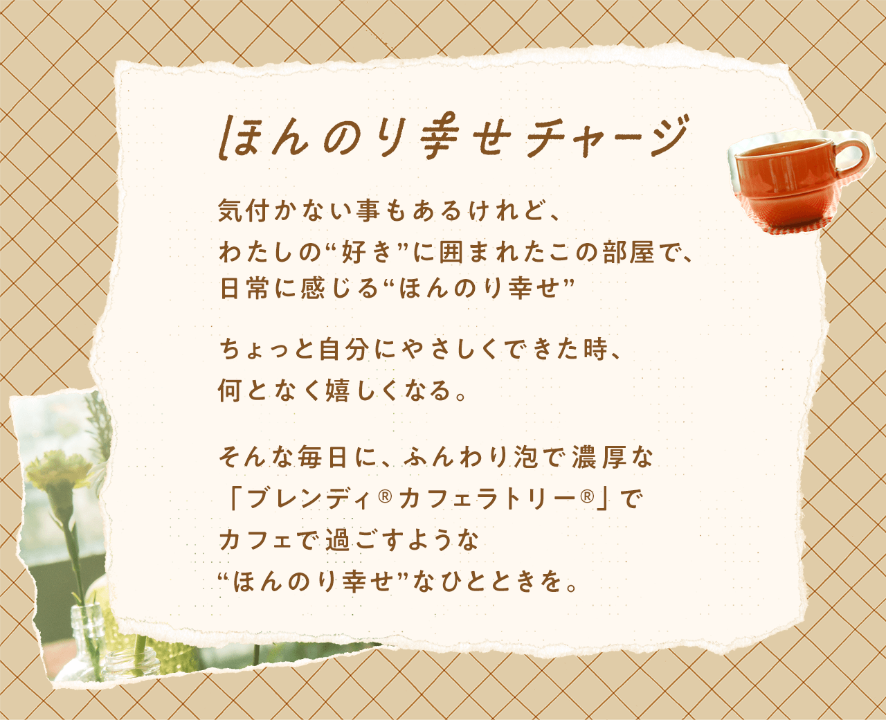 �ق�̂�K���`���[�W
          �C�t���Ȃ��������邯��ǁA�킽���́g�D���h�Ɉ͂܂ꂽ���̕����ŁA����Ɋ�����h�ق�̂�K���h
          ������Ǝ����ɂ₳�����ł������A���ƂȂ��������Ȃ�B
          ����Ȗ����ɁA�ӂ���A�ŔZ���ȁu�u�����f�B&reg;�J�t�F���g���[&reg;�v�ŃJ�t�F�ŉ߂����悤��
          �h�ق�̂�K���h�ȂЂƂƂ����B