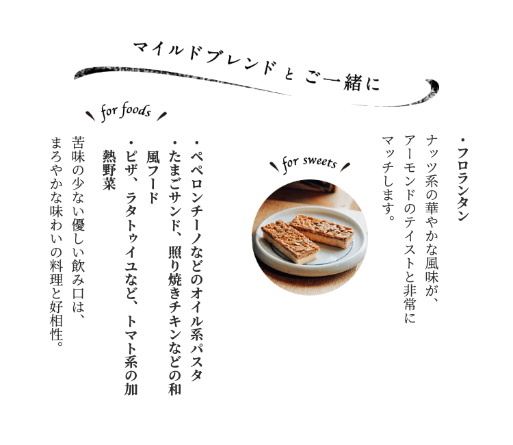 �}�C���h�u�����h�i������j�Ƃ̃y�A�����O��āB�X�C�[�c�̓t�������^���A�����̓y�y�����`�[�m�₽�܂��T���h�ȂǁA�܂�₩�Ȗ��킢�ɍ������j���[�̏Љ�B