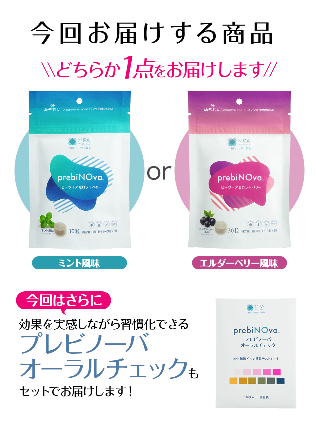 「今回お届けする商品」の案内。プレビノーバ（ミント風味またはエルダーベリー風味）のどちらか1点に加え、さらに「プレビノーバ オーラルチェック（10枚入り）」をセットでお届け。