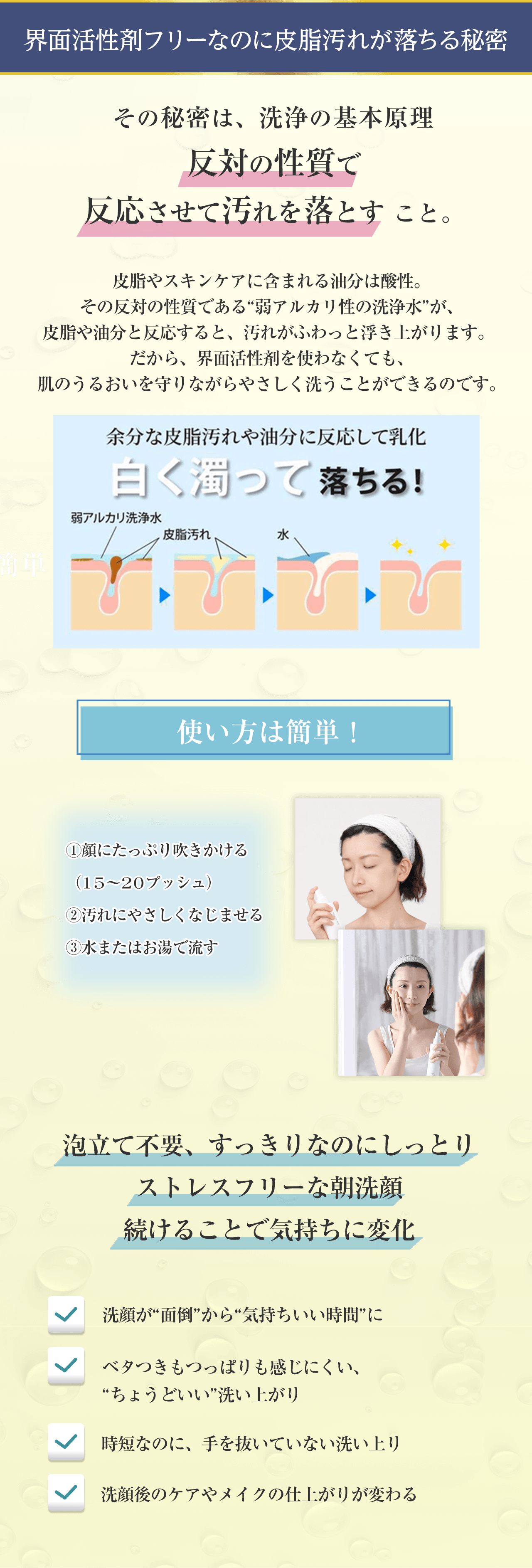 界面活性剤フリーなのに皮脂汚れが落ちる秘密 その秘密は、洗浄の基本原理「反対の性質で反応させて汚れを落とす」こと。