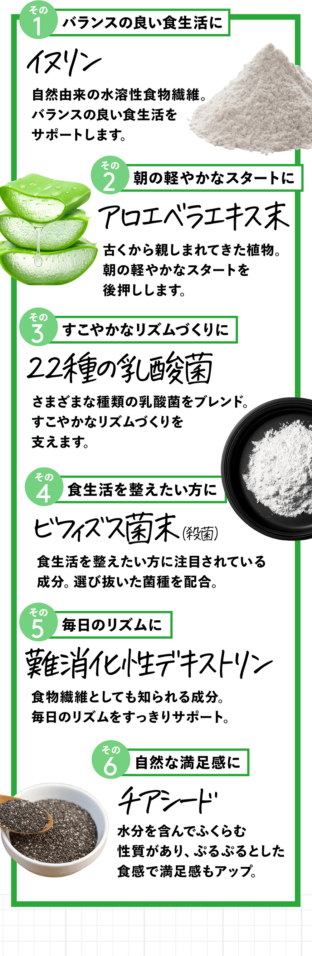 �̂̒����琮����6�̎��R�T�|�[�g�f�ނ̏ڍׁB1.�C�k�����i���R�R���̐��n���H���@�ہj�A2.�A���G�x���G�L�X���i���̌y�₩�ȃX�^�[�g�Ɂj�A3.22��̓��_�ہi�����₩�ȃ��Y���Â���Ɂj�A4.�r�t�B�Y�X�ۖ��i�E�ہj�i�H�����𐮂��������Ɂj�A5.��������f�L�X�g�����i�����̃��Y������������T�|�[�g�j�A6.�`�A�V�[�h�i�Ղ�Ղ�H���Ŏ��R�Ȗ������j�B�e�����̕�����A���G�A�`�A�V�[�h�̑f�ރC���[�W�摜�B