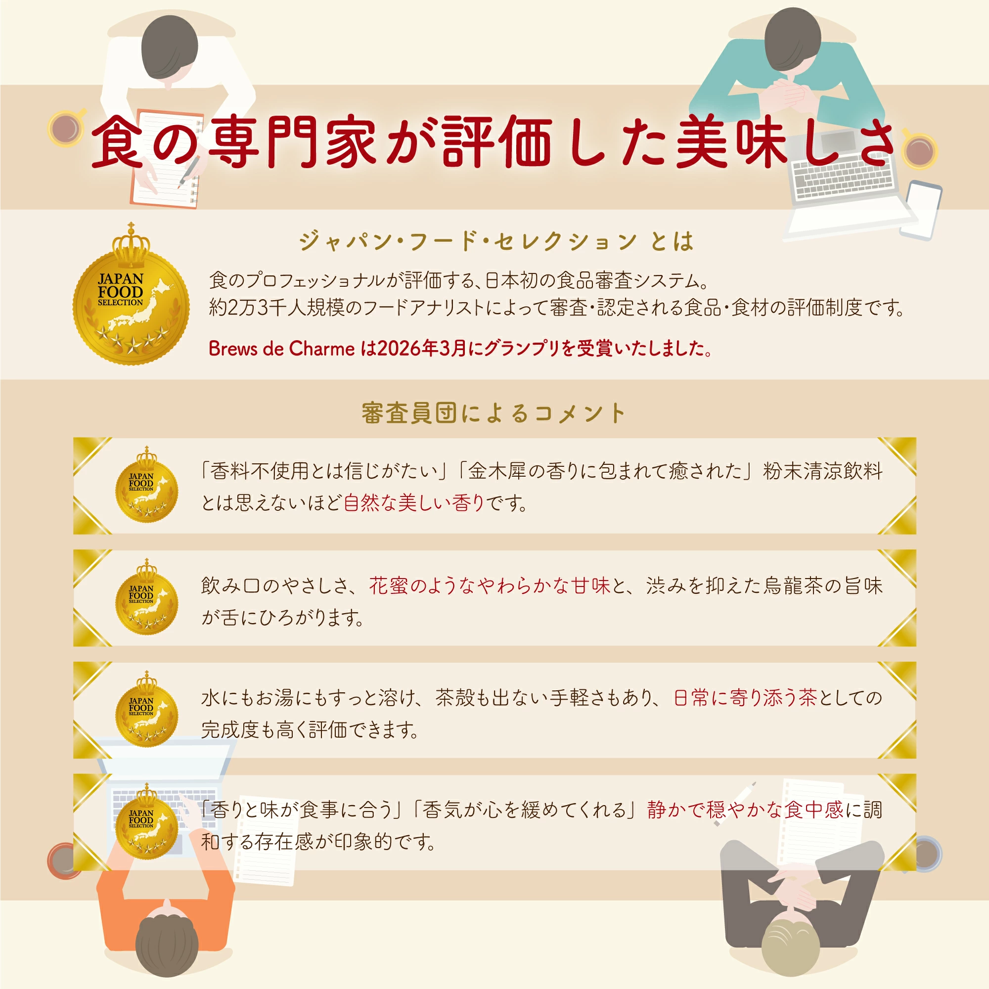 �H�̐��Ƃ��]���������������B�W���p���E�t�[�h�E�Z���N�V�����̋��܃��S�B�W���p���E�t�[�h�E�Z���N�V�����Ƃ́A�H�̃v���t�F�b�V���i�����]������A���{���̐H�i�R���V�X�e���B��2��3��l�K�͂̃t�[�h�A�i���X�g�ɂ���ĐR���E�F�肳���H�i�E�H�ނ̕]�����x�ł��BBrews de Charme��2026�N3���ɃO�����v������܂������܂����B�y�R�����c�ɂ��R�����g�z�u�����s�g�p�Ƃ͐M���������v�u���؍҂̍���ɕ�܂�Ė����ꂽ�v�������������Ƃ͎v���Ȃ��قǎ��R�Ȕ���������ł��B�^���݌��̂₳�����A�Ԗ��̂悤�Ȃ��炩�ȊÖ��ƁA�a�݂�}�����G�����̎|������ɂЂ낪��܂��B�^���ɂ������ɂ������Ɨn���A���k���o�Ȃ���y��������A����Ɋ��Y�����Ƃ��Ă̊����x�������]���ł��܂��B�^�u����Ɩ����H���ɍ����v�u���C���S���ɂ߂Ă����v�Â��ŉ��₩�ȐH�����ɒ��a���鑶�݊�����ۓI�ł��B���Ɍ������ĐR�����Ƃ�����l�X�̃C���X�g�B
