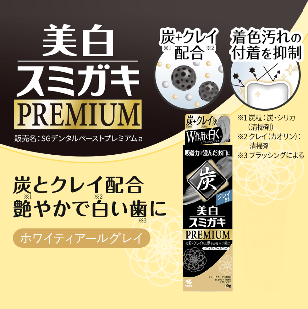 炭とクレイ配合で着色汚れを防ぎ、白い歯へ導く歯磨き粉「美白スミガキ PREMIUM ホワイトアールグレイ」のパッケージとチューブ画像。