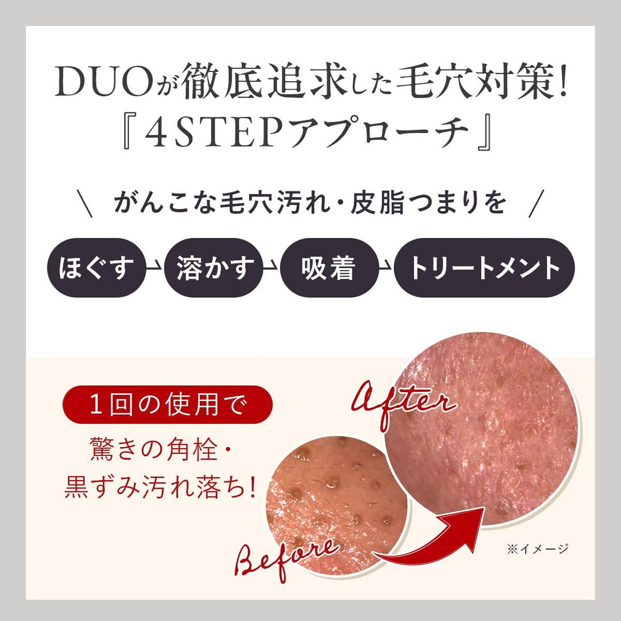 DUOが徹底追求した毛穴対策!『4STEPアプローチ』
がんこな毛穴汚れ・皮脂つまりをほぐす、溶かす、吸着、トリートメント