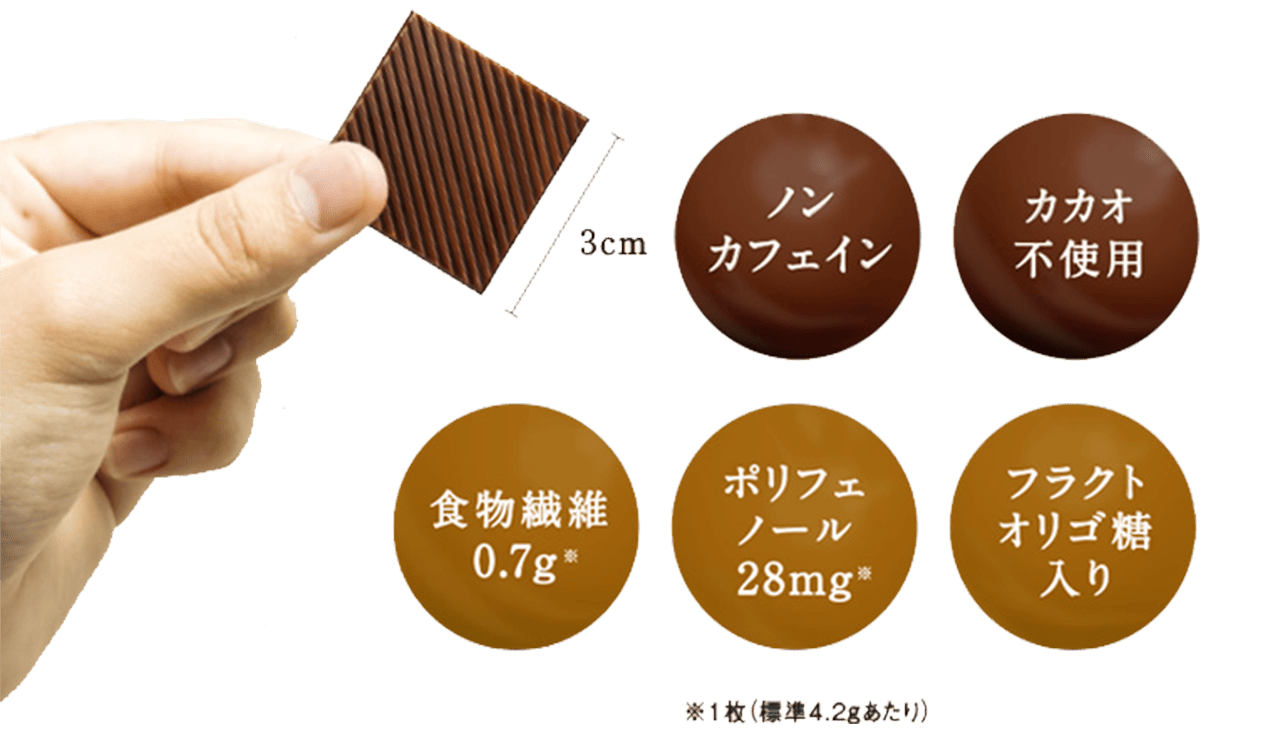 サイズ3cm/ノンカフェイン カカオ不使用 食物繊維 0.7g※ ポリフェノール 28mg※ フラクトオリゴ糖入り ※1枚(標準4.2gあたり)