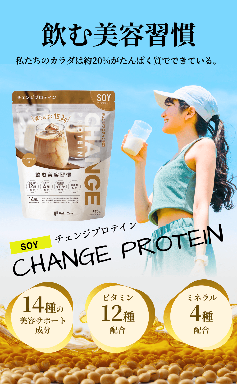 ���ޔ��e�K�� �������̃J���_�͖�20%������ς����łł��Ă���BSOY �`�F���W�v���e�C�� CHANGE PROTEIN�B14��̔��e�T�|�[�g�����A�r�^�~��12��z���A�~�l����4��z���B��̉��Ńv���e�C�������ޏΊ�̏����ƃJ�t�F���e���̏��i�p�b�P�[�W�A�哤�̃C���[�W�B