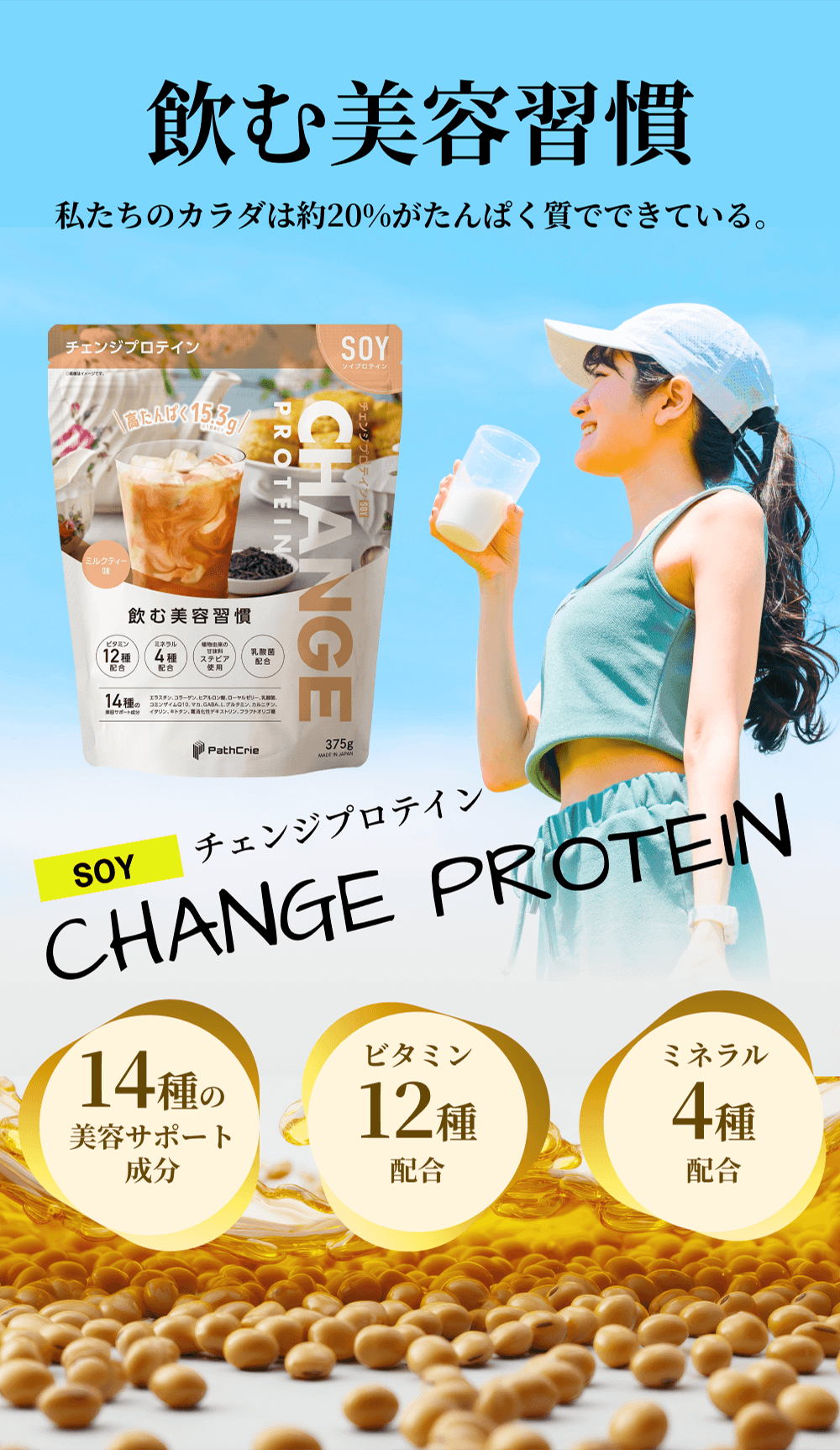 飲む美容習慣 私たちのカラダは約20%がたんぱく質でできている。SOY チェンジプロテイン CHANGE PROTEIN。14種の美容サポート成分、ビタミン12種配合、ミネラル4種配合。青空の下でプロテインを飲む笑顔の女性とミルクティ味の商品パッケージ、大豆のイメージ。