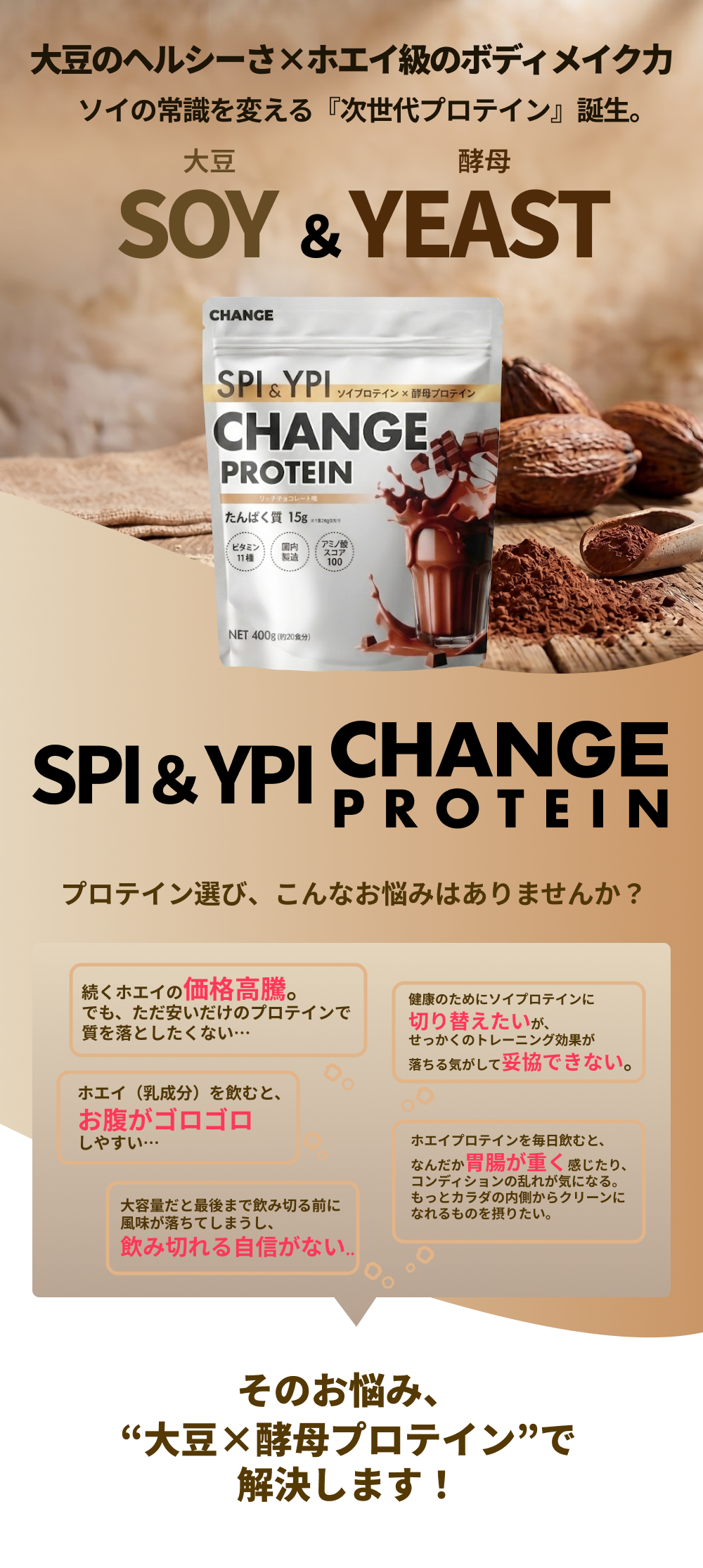 大豆のヘルシーさ×ホエイ級のボディメイク力。ソイの常識を変える『次世代プロテイン』誕生。大豆 SOY & 酵母 YEAST。CHANGE PROTEIN SPI & YPIの商品パッケージ。「プロテイン選び、こんなお悩みはありませんか?」続くホエイの価格高騰、ただ安いだけのプロテインで質を落としたくない。ホエイ(乳成分)を飲むとお腹がゴロゴロしやすい。大容量だと最後まで飲み切る前に風味が落ちてしまう。健康のためにソイプロテインに切り替えたいが、トレーニング効果が落ちる気がして妥協できない。ホエイプロテインを毎日飲むと胃腸が重く感じる、もっとカラダの内側からクリーンになりたい。そのお悩み、“大豆×酵母プロテイン”で解決します!