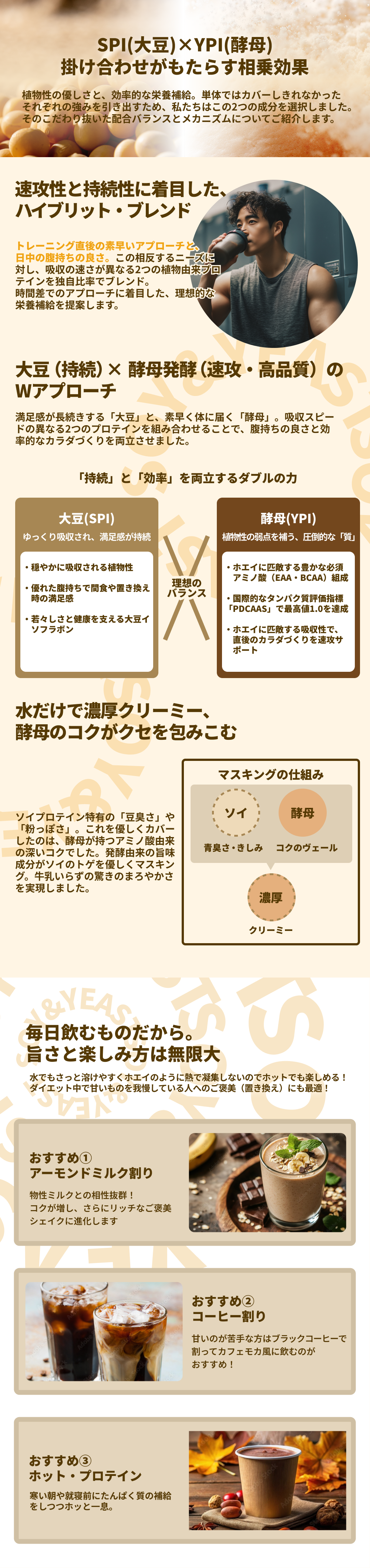 SPI�i�哤�j�~YPI�i�y��j�|�����킹�������炷������ʁB���U���Ǝ������ɒ��ڂ����A�n�C�u���b�g�E�u�����h�B�哤�i�����j�~�y�ꔭ�y�i���U�E���i���j��W�A�v���[�`�B�������z�����ꖞ��������������u�哤�iSPI�j�v�ƁA�z�G�C�ɕC�G����z�����Œ���̃J���_�Â�����T�|�[�g���鈳�|�I�Ȏ��́u�y��iYPI�j�v�����z�̃o�����X�������B�u�������ŔZ���N���[�~�[�A�y��̃R�N���N�Z���݂��ށv�\�C�̐L���₫���݂��A�y��̃R�N�̃��F�[���Ń}�X�L���O����d�g�݂̐}���B�u�������ނ��̂�����B�|���Ɗy���ݕ��͖�����v�������߂̈��ݕ��A�����W�Ƃ��āA�A�[�����h�~���N����i�R�N���������b�`�Ȃ��J���V�F�C�N�Ɂj�A�R�[�q�[����i�J�t�F���J���Ɂj�A�z�b�g�E�v���e�C����3����Љ�B