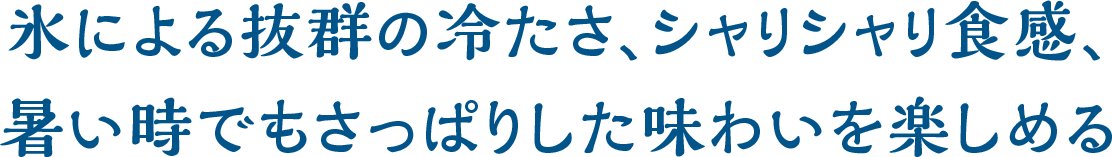 氷による抜群の冷たさ、シャリシャリ食感、暑い時でもさっぱりした味わいを楽しめる