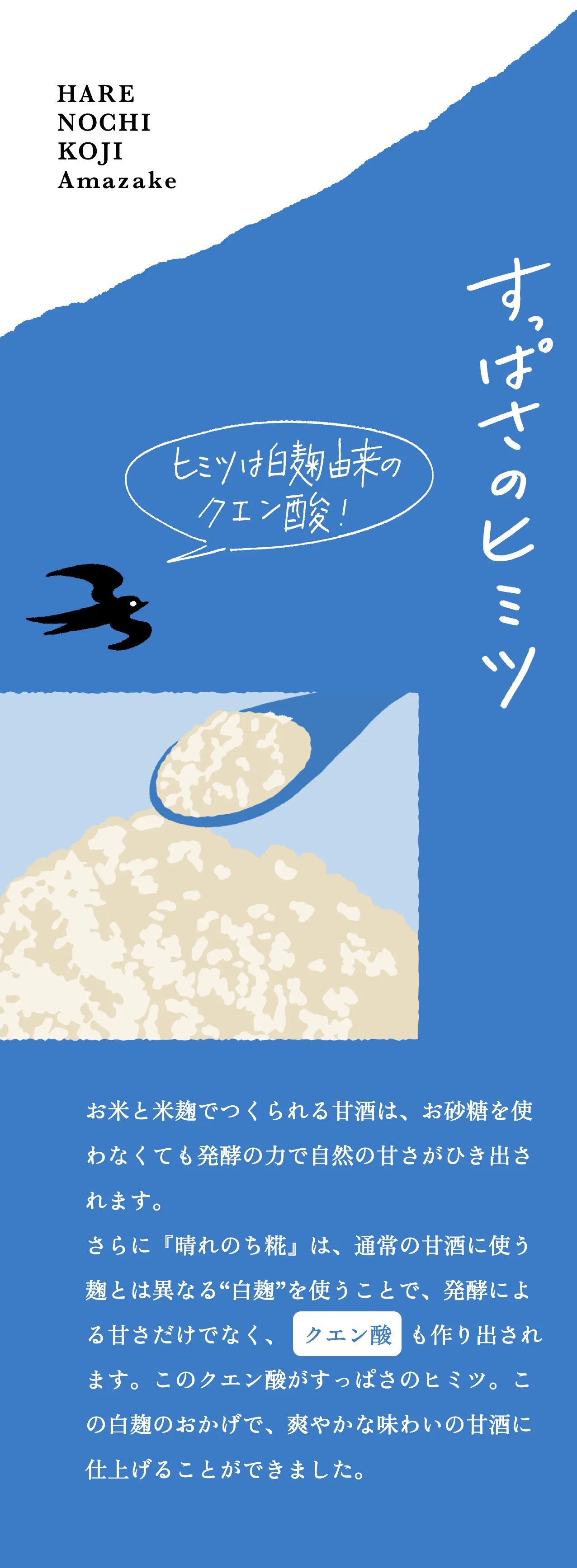 すっぱさのヒミツ。ヒミツは白麹由来のクエン酸!お米と米麹でつくられる甘酒は、お砂糖を使わなくても発酵の力で自然の甘さがひき出されます。さらに『晴れのち糀』は、通常の甘酒に使う麹とは異なる白麹を使うことで、発酵による甘さだけでなく、クエン酸も作り出されます。このクエン酸がすっぱさのヒミツ。この白麹のおかげで、爽やかな味わいの甘酒に仕上げることができました。