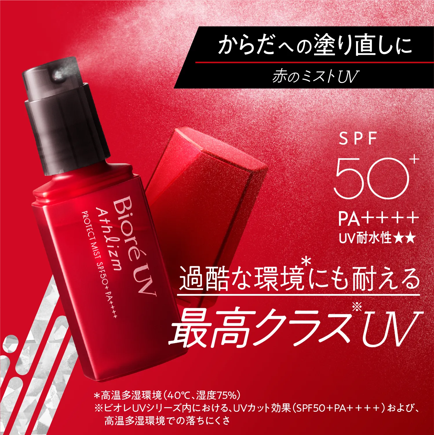 ���炾�ւ̓h�蒼���� �Ԃ̃~�X�gUV SPF+ 50 PA++++ UV�ϐ������� �ߍ��Ȋ�*�ɂ��ς���ō��N���X��UV �������������i40��C�A���x75%�j ���r�I��UV�V���[�Y���ɂ�����AUV�J�b�g���ʁiSPF50+PA+�{�{�{�j����сA�����������ł̗����ɂ���