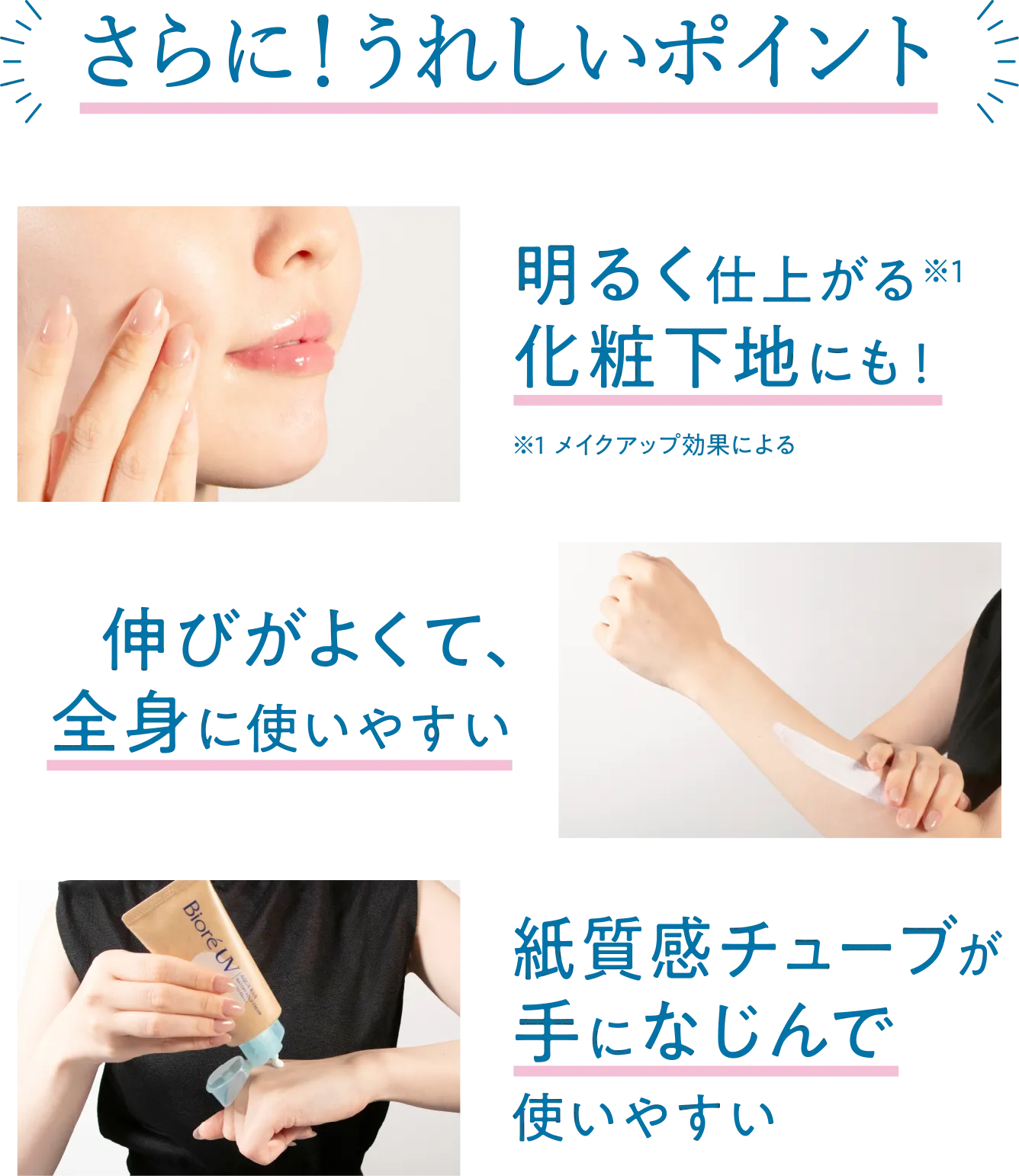 さらに!うれしいポイント 明るく仕上がる※1化粧下地にも!※1 メイクアップ効果による 伸びがよくて、全身に使いやすい 紙質感チューブが手になじんで使いやすい