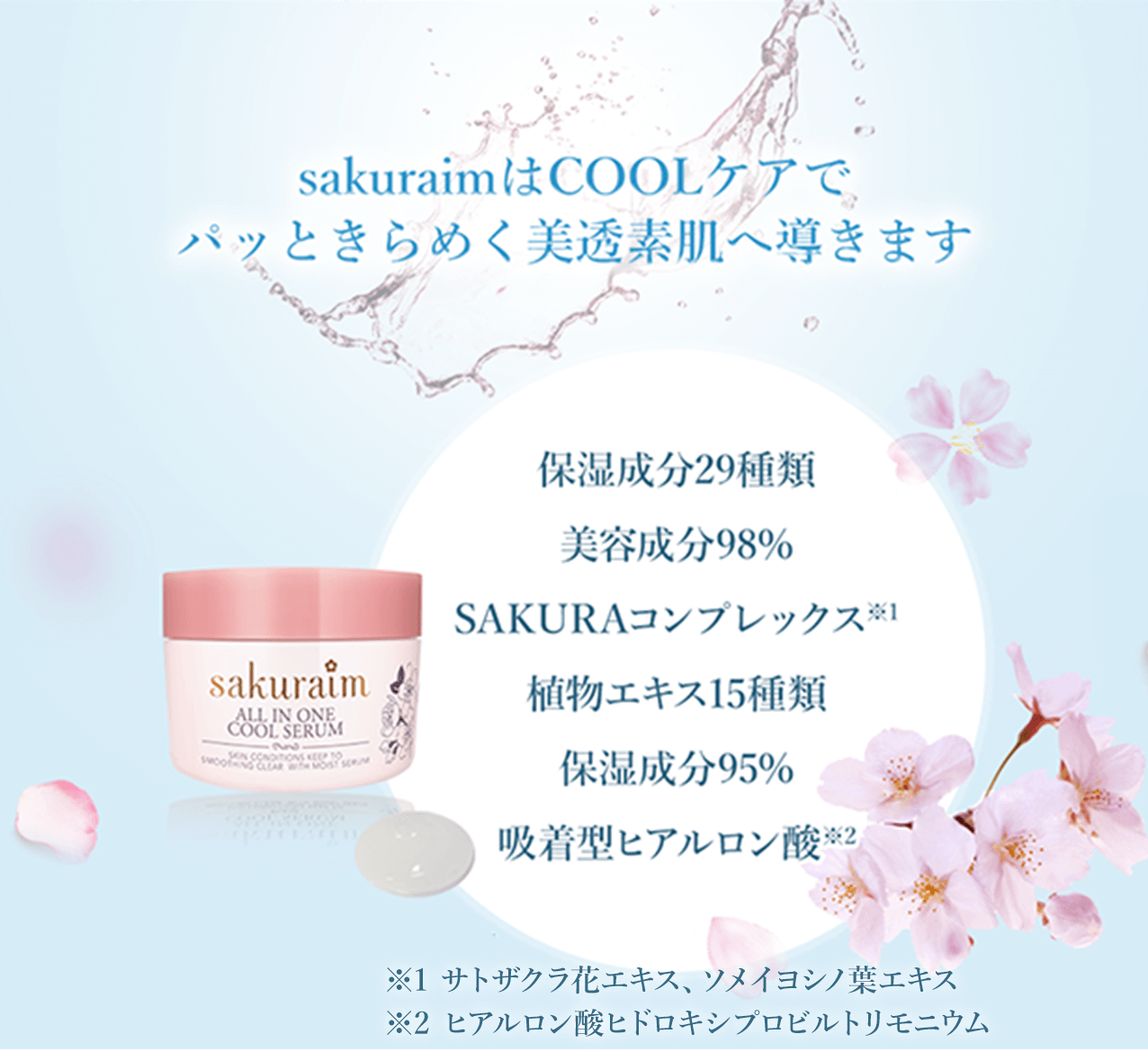 sakuraimはCOOLケアでパッときらめく美透素肌へ導きます 美容成分23種類 美容成分96.5% SAKURAコンプレックス※1 植物エキス15種類 保湿成分22種類 吸着型ヒアルロン酸※2
