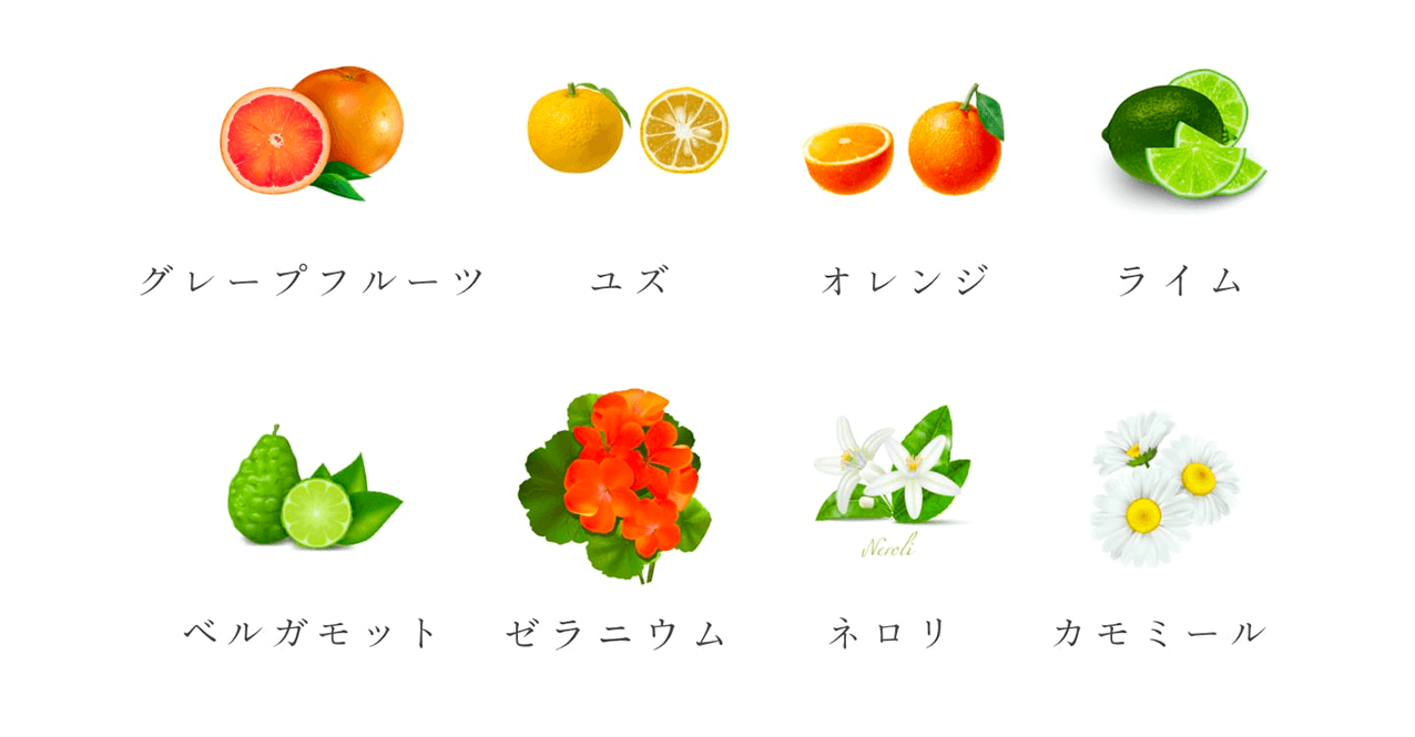 グレープフルーツ、ユズ、オレンジ、ライム、ベルガモット、ゼラニウム、ネロリ、カモミール