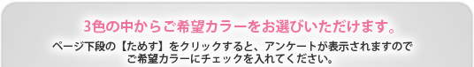 3�F�̒����炲��]�J���[�����I�т��������܂��B�y�[�W���i�́y���߂��z���N���b�N����ƁA�A���P�[�g���\������܂��̂�
    	����]�J���[�Ƀ`�F�b�N�����Ă��������B