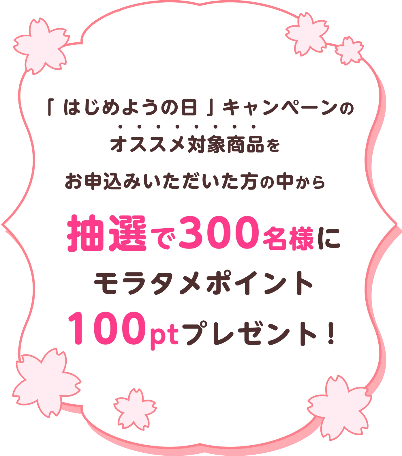 「 はじめようの日 」キャンペーンのオススメ対象商品をお申込みいただいた方の中から抽選で300名様にモラタメポイント100ptプレゼント！